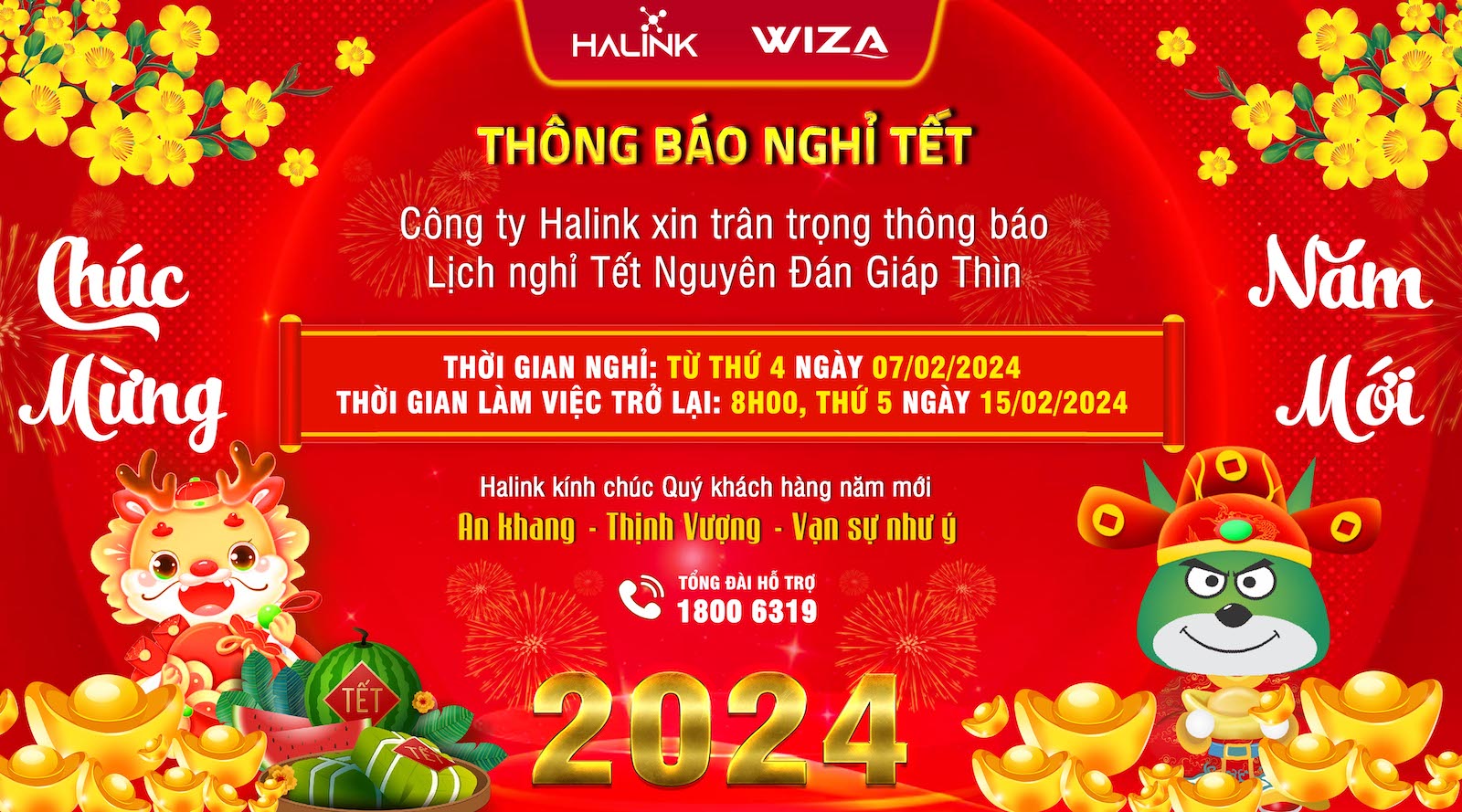 Thông báo Lịch nghỉ Tết Nguyên Đán Giáp Thìn 2024